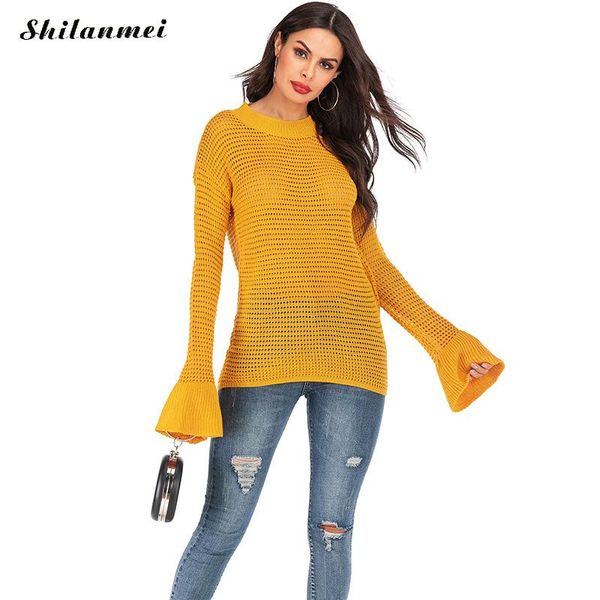 

2019 women sweater spring long sleeve korean style knitted sweater women autumn flare sleeve solid hollow out basic slim jumper, White;black
