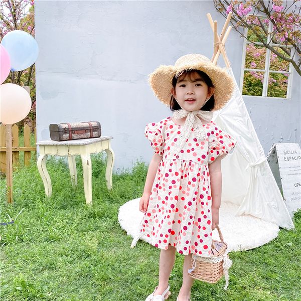 

summer 2020 children's cotton polka dot print puff sleeve backless casual kids girls holiday dress vestidos, Red;yellow