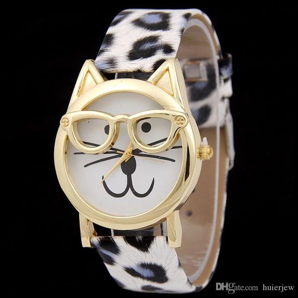 

quartz watch cute glasses cat ladies watches women gift fashion brand women dress leather watches, Slivery;brown