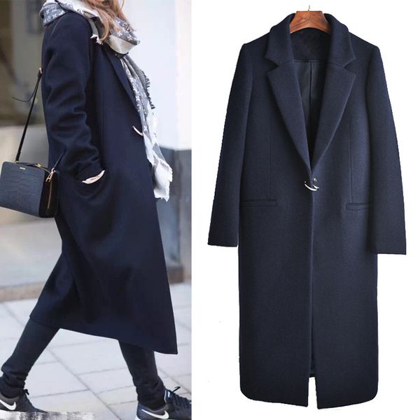 

plus size coat artificial wool blends 2020 spring fashion long coat women dark blue winter turn-down collar office lady clothing, Black