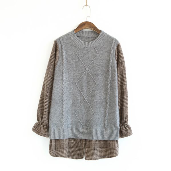 

faux two pieces plaid knitted patchwork sweater female autumn, White;black