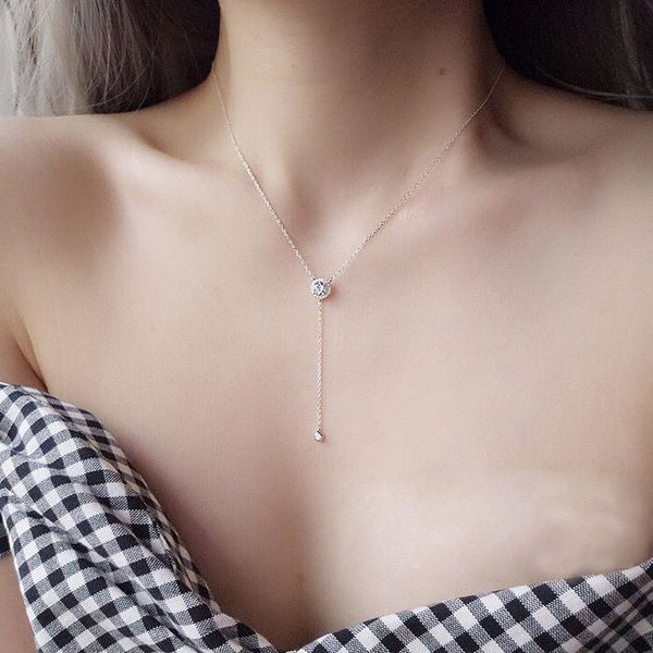 

ol ladies lariat y necklaces halo cubic zirconia round charm long chain 100% 925 sterling silver charming jewelry for women