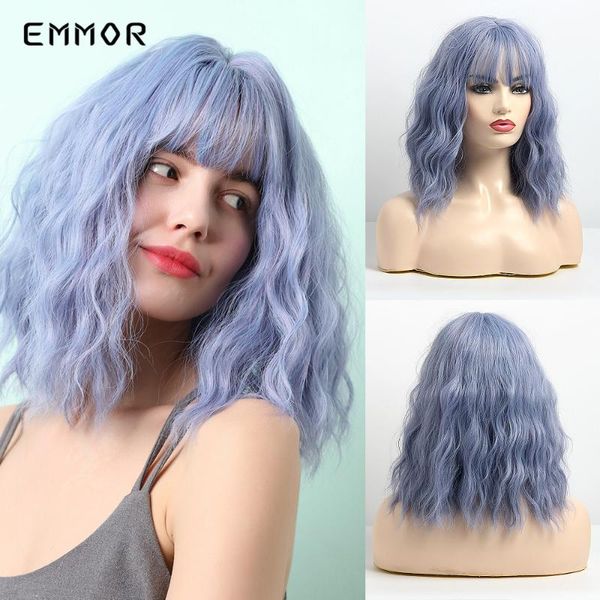 

emmor 14 inch synthetic short omber blue water wave hair wig with neat bangs for women heat resistant bob cosplay party wigs, Black