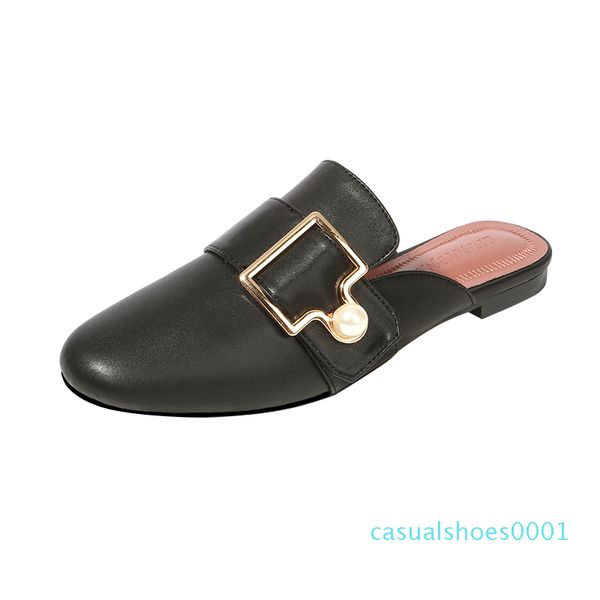 

flat sandals women shoes 2020 summer new black leather round toe square buckle pearl buckle half slippers fashion women shoes cc1