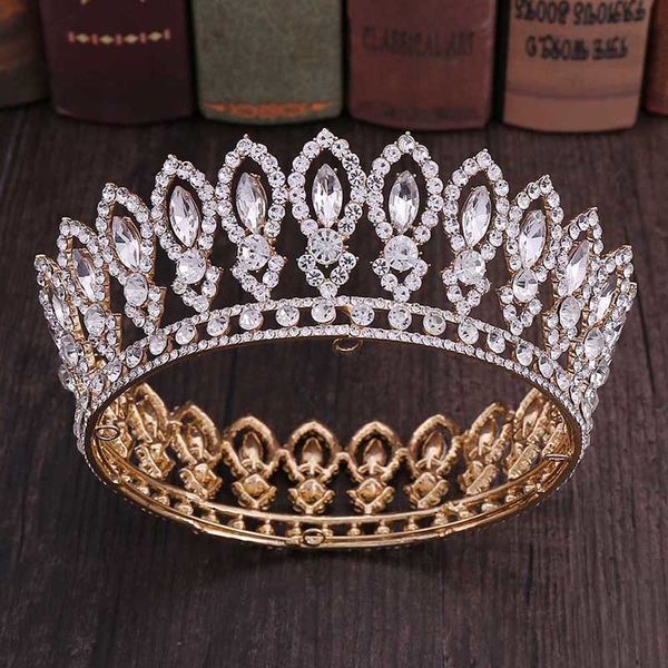 

high fashion full round baroque gold blue crystal royal princess queen diadem tiaras crowns for bridal bride wedding party, Golden;white
