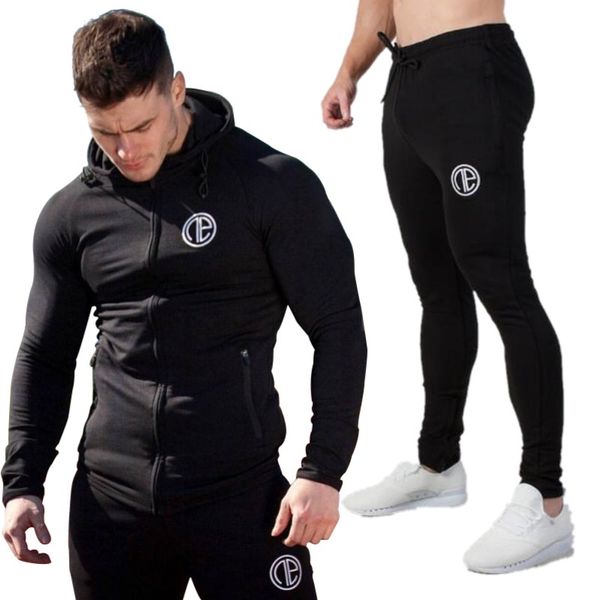 

new men's hoodie suit fashion autumn spring sports suit sweatshirt + sweatpants 2 men's clothing slim sportswear, Black