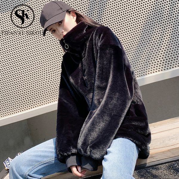 

2019 autumn winter women hoodies long sleeve sweatshirt thick warm pullover zipper faux fur sweatshirts plush coats, Black