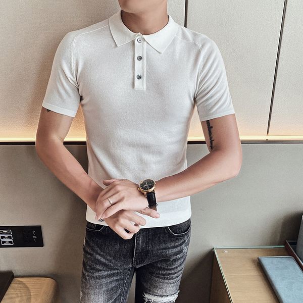 

british style simple summer knitted shirt men short sleeve fashion streetwear 2020 slim fit mens casual polos homme 3xl-m, White;black