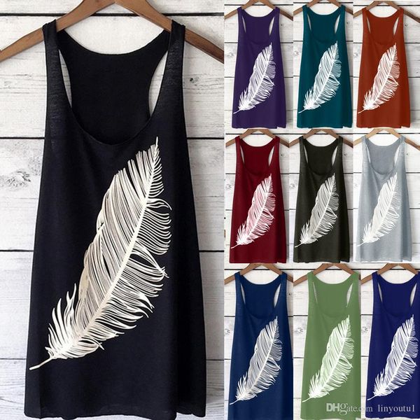 

women's tank summer casual fashion feather print round neck sleeveless long vest fashion ladies tank top, White