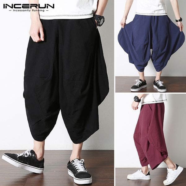 

incerun 2020 summer men шаровары vintage joggers мужской plain теленок длина брюки эластичный пояс мешковатые хлопок льняные брюки, Black