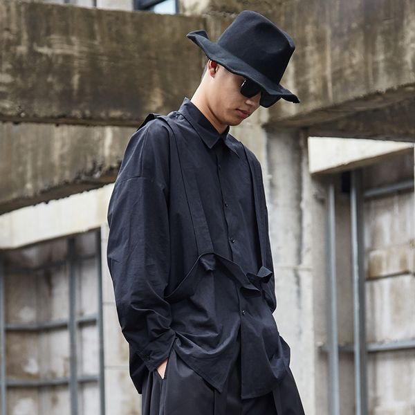 

men gothic shirt long sleeve straps loose casual shirt male women japan streetwear hip hop stage clothing, White;black