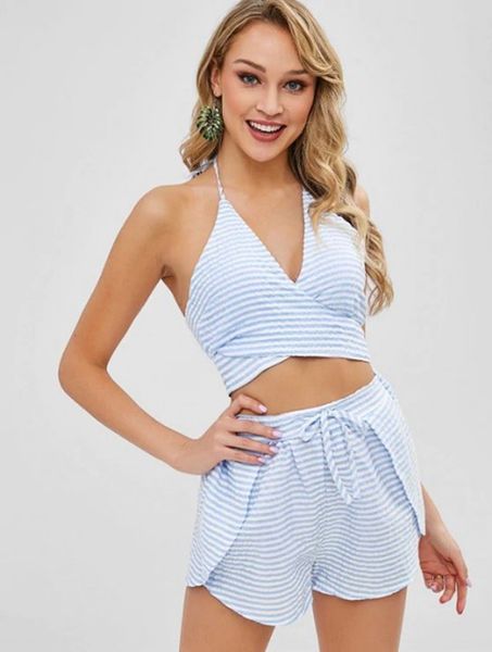 

womens designerneck strap plus wide leg shorts beach stripe two-piece suit, Gray