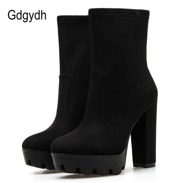 

gdgydh new black suede boots block heel platform shoes rubber sole back zipper solid color ankle boots for women plus size 42