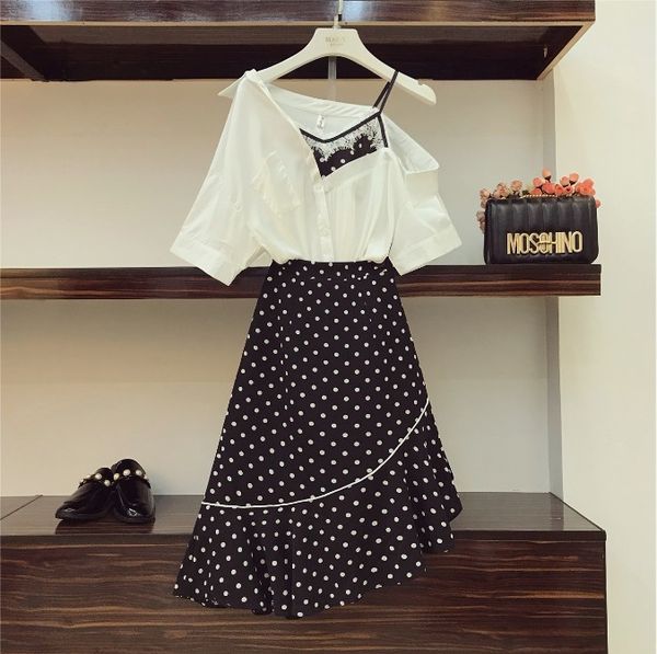 

2019 new fashion summer women's sling irregular shirt + high waist polka dot fishtail skirt two piece lady girls skirt suits, White