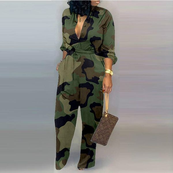 

women's v-neck jumpsuit with buttoned camouflage, Black;white