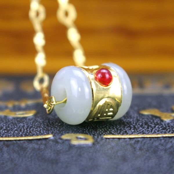 

natural hetian jade men women necklace pendant 24k gold lucky tube cylinder pendants for male female femme certified jewelry, Silver