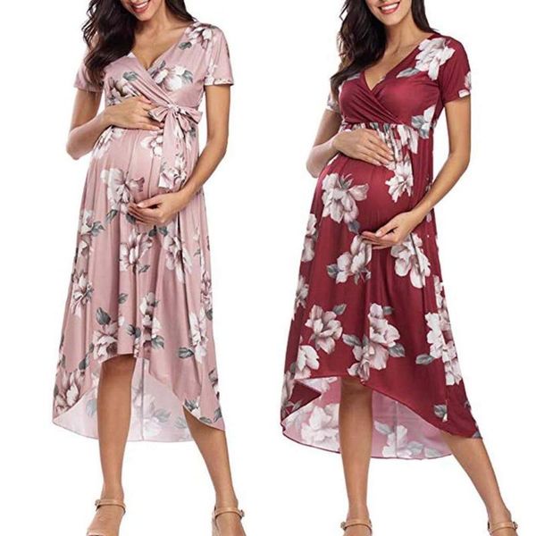 

summer maternity clothes 2020 new short sleeve printed v-neckline maternity long dress pregnant big size clothes, White