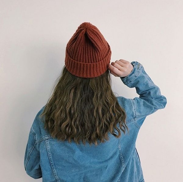 

solid color knitted hat warm men women hat cuffed knit cap mohair wool hats, Blue;gray