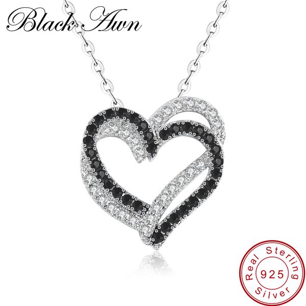 

black awn] fine genuine 100% 925 sterling silver necklace women jewelry heart black&white stone pendants p107