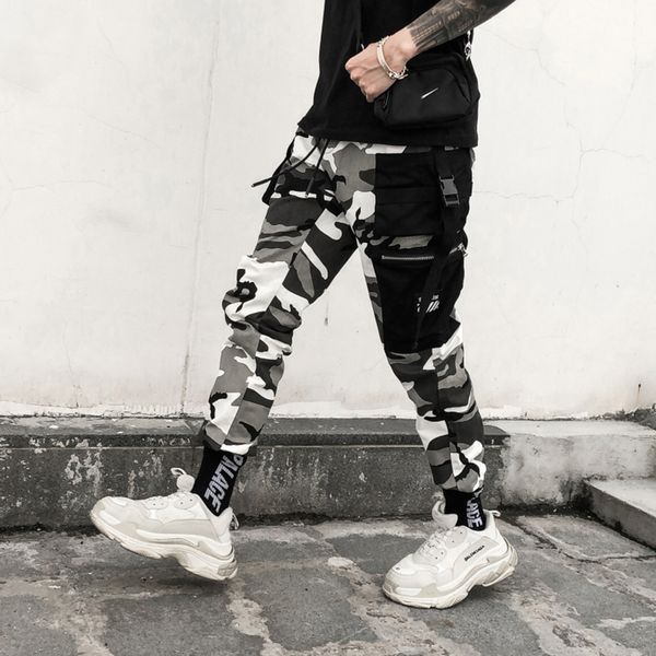 

color camo cargo pants mens fashion baggy tactical trouser hip hop casual cotton multi pockets pants streetwear us size, Black