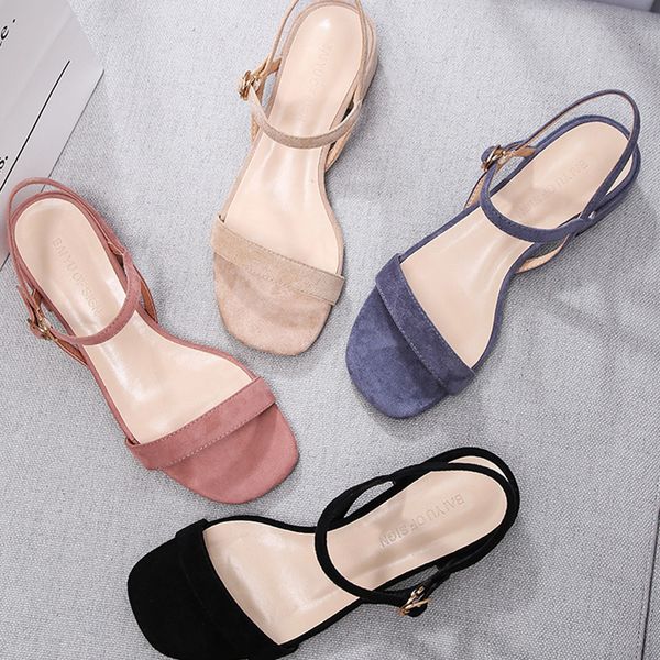 

sandals 2021 shoes woman solid slingbacks square heels 3.5cm chic flock causal female shoe wild fashion footwear, Black