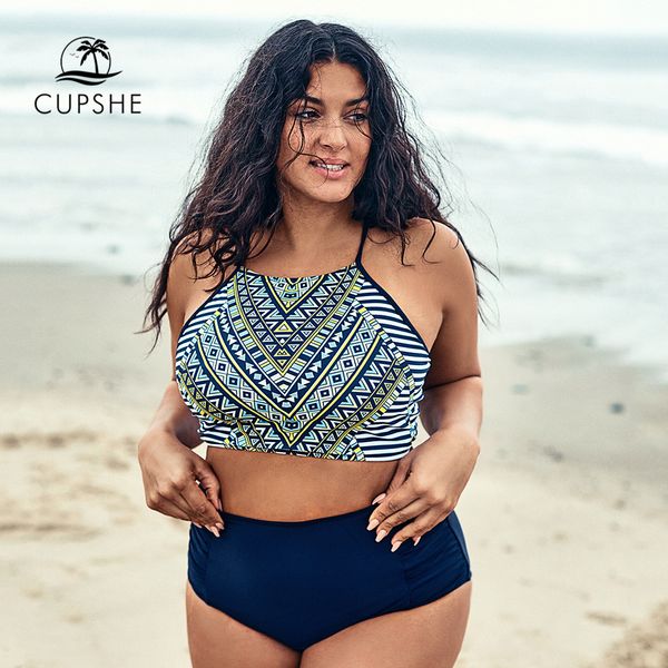 

cupshe plus size tank lace up bikini sets women geo halter two pieces swimsuits 2019 girl beach bathing suits swimwear
