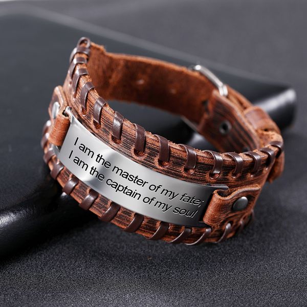 

lemegeton genuine leather bracelet men words reminders about yourself saying proverb bracelet stainless steel charm bangle, Black
