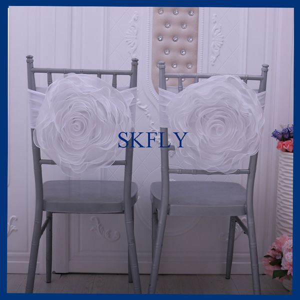 

ch091b custom made elegant fancy wedding handmade decoration organza ivory chair flower with spandex band