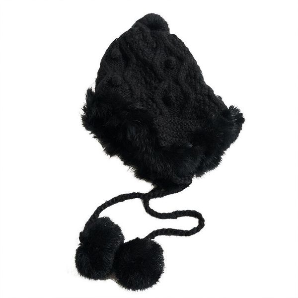 

korean autumn and winter fur ball knitted hat warm earmuff solid color wool cap outdoor versatile double layer thick usha, Blue;gray