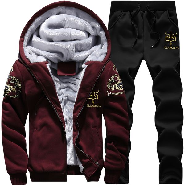 

winter mannen set fleece hoodie broek dikke warme trainingspak sportkleding hooded trainingspakken mannelijke sweatsuit voor man, Gray