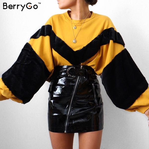 

berrygo patchwork faux fur sweater pullover women casual loose winter sweater 2018 autumn streetwear yellow jumper femme, White;black