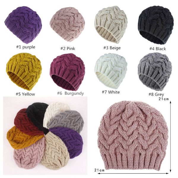 8 цветов Женщины Beanie шапки Шерстяные вязаные шапки моды для взрослых Зимняя теплая шапка Bonnet