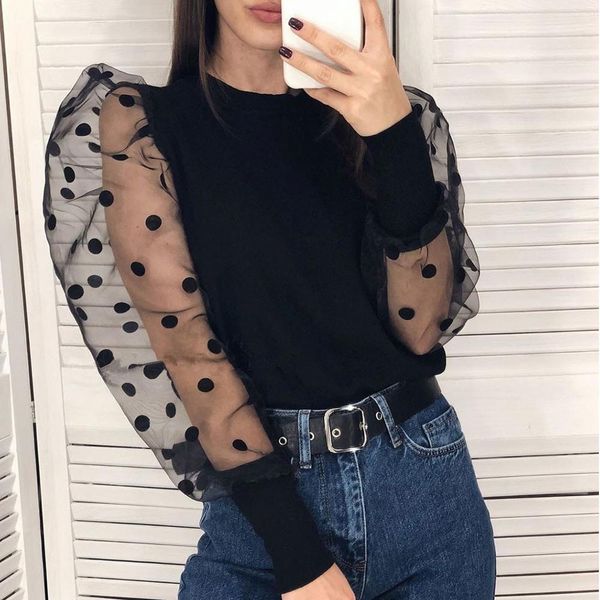 

2019 casual dot print mesh puff sleeve transparent knitted sweater pullover fall winter women turtleneck sweater #1125, White;black