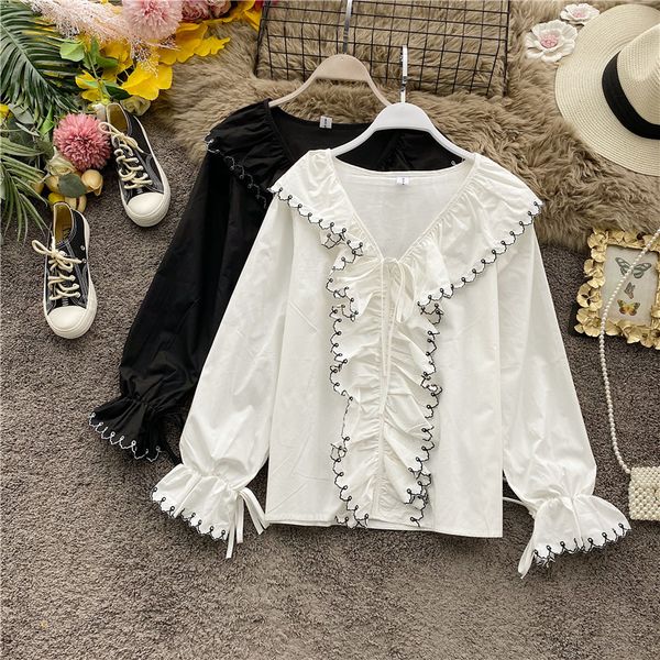 

women's spring and autumn new fashion new loose ruffle v-neck long flare sleeve shirts casual blouse k772, White
