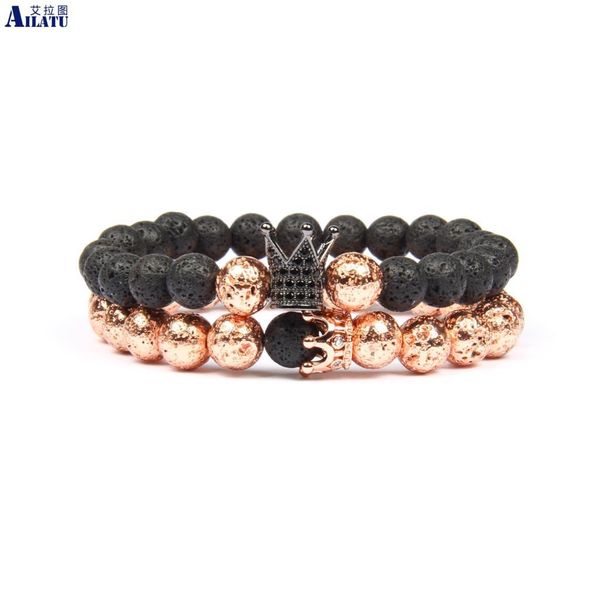 

ailatu new couples cz crown sets bracelets wholesale 8mm natural lava stone beads, Golden;silver