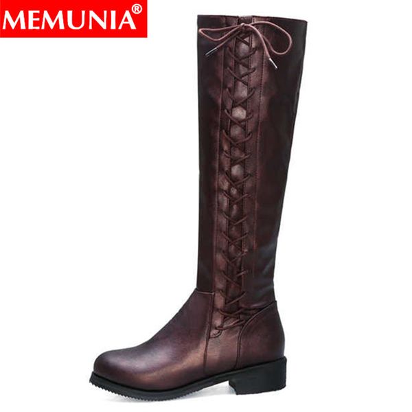 

memunia plus size 34-48 fashion knee high boots women round toe zip autumn winter boots cross tied med heels prom 2020 new, Black