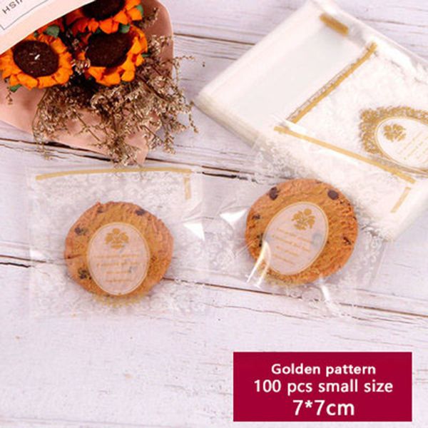 

100pcs cookies self adhesive packaging bag transparent golden pattern soap biscuits color wedding birthday party gift bag 7x7