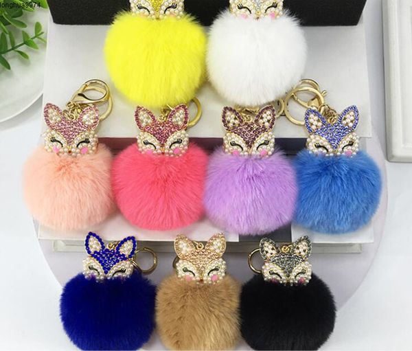 

fur 50pcs keychain fox ball head rabbit soft fur ball lovely pink metal key chain ball pom poms plush keychain car keyring bag accessory, Silver