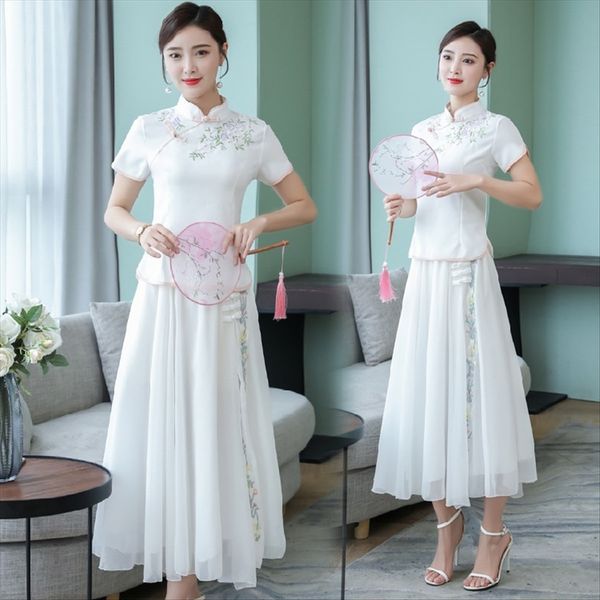 

girls' chinese style long two-piece suit fresh young modified 2020 girls' chinese style cheongsam long two-piece cheongsam dress s, White