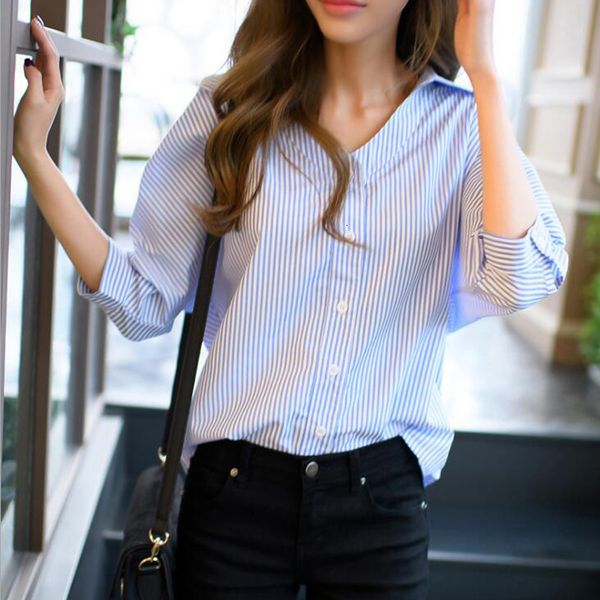 

womens clothing women blouse women fashion striped summer casual blue v neck sleeve buttons blouse striped women loose blusas vestidos, White