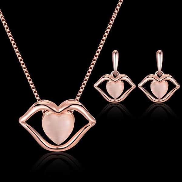 

fashion heart faux opal hollow lip pendant necklace stud earrings bridal wedding party jewelry set for valentine's day gifts, Silver