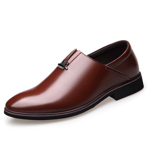 

men dress shoes fashion mens slip on pointed toe footwear men leather formal business male shoes oxfords shoes for men's flat, Black