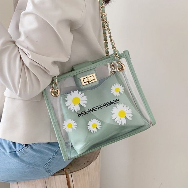 

transparent bag female 2020 new fashion pvc handbag summer printing handbag shoulder women bag transparent beach holiday