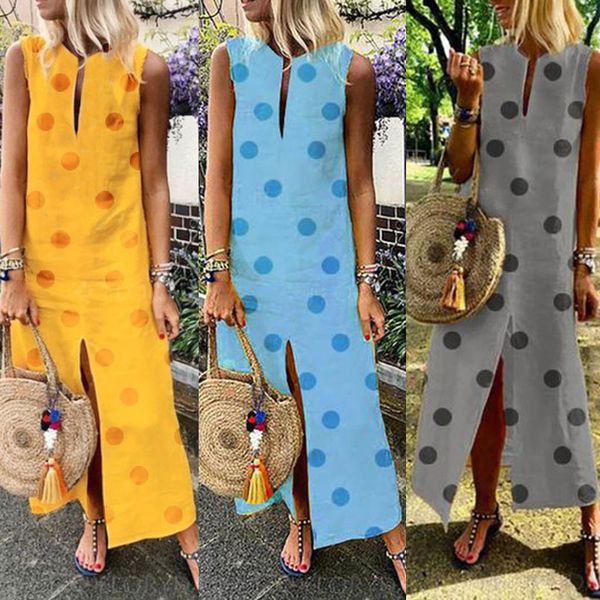 

summer dress 2019 women sleeveless print v-neck side split bohemian dresses shift boho maxi dresses woman party night vestidos, Black;gray