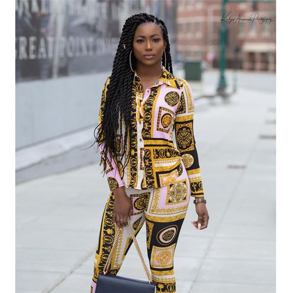 

Printed Womens Two Piece Pants Lapel Neck Long Sleeve Ladies 2PCS Sets Autumn Skinny Womens Tracksuits