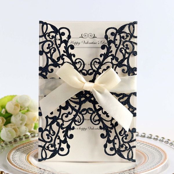 

10pcs/set 10pcs/set laser cut lace rose drill glitter wedding invitation cards with bow ribbon for bridal shower engagement