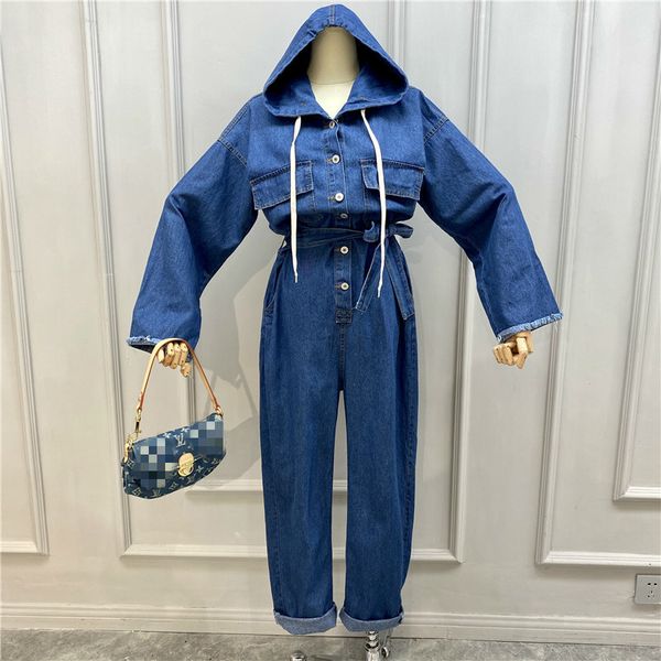 

ewq] 2020 весна осень нового капюшон джинсового комбинезон женщины корейский сыпучий ремень однобортного trend шаровары комбинезоны qz489, Black;white