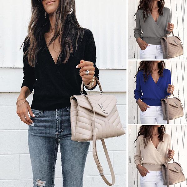 

autumn winter sweater women knitted casual long sleeve v-neck solid colors pullovers sweaters fashion female short top, White;black