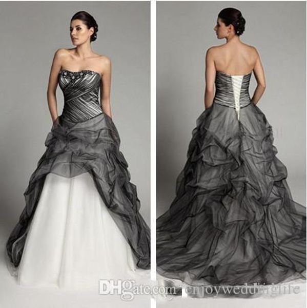 

fashion strapless a-line wedding dresses sleeveless backless white and black beaded ruffle floor length bridal gown