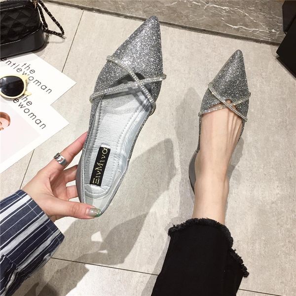 

glitter crystal pointed toe slip on moccasins tender ladies lazy shallow flats gold&silver fairy shoes woman bling bling loafers, Black